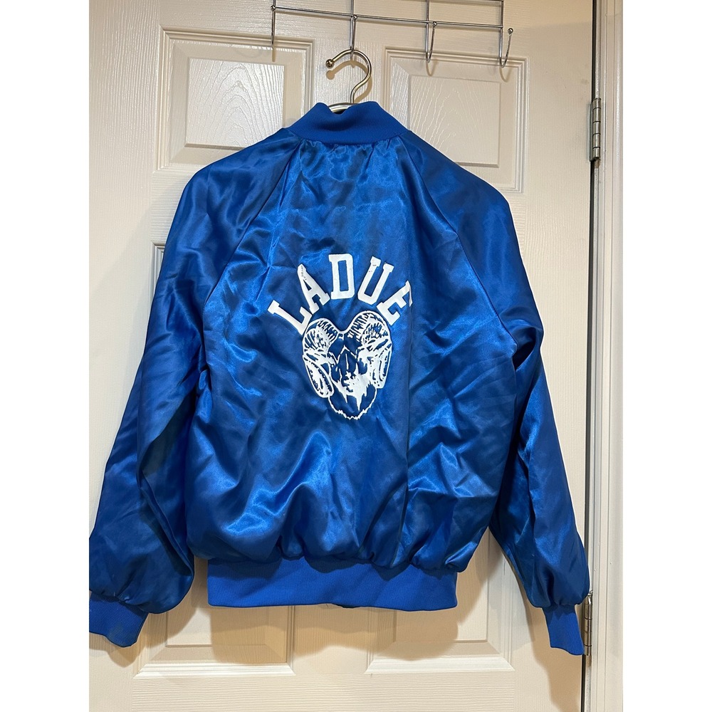 Vintage Ladue Rams Satin Bomber Jacket Royal‎ Blue Varsity Snap Front Mens L